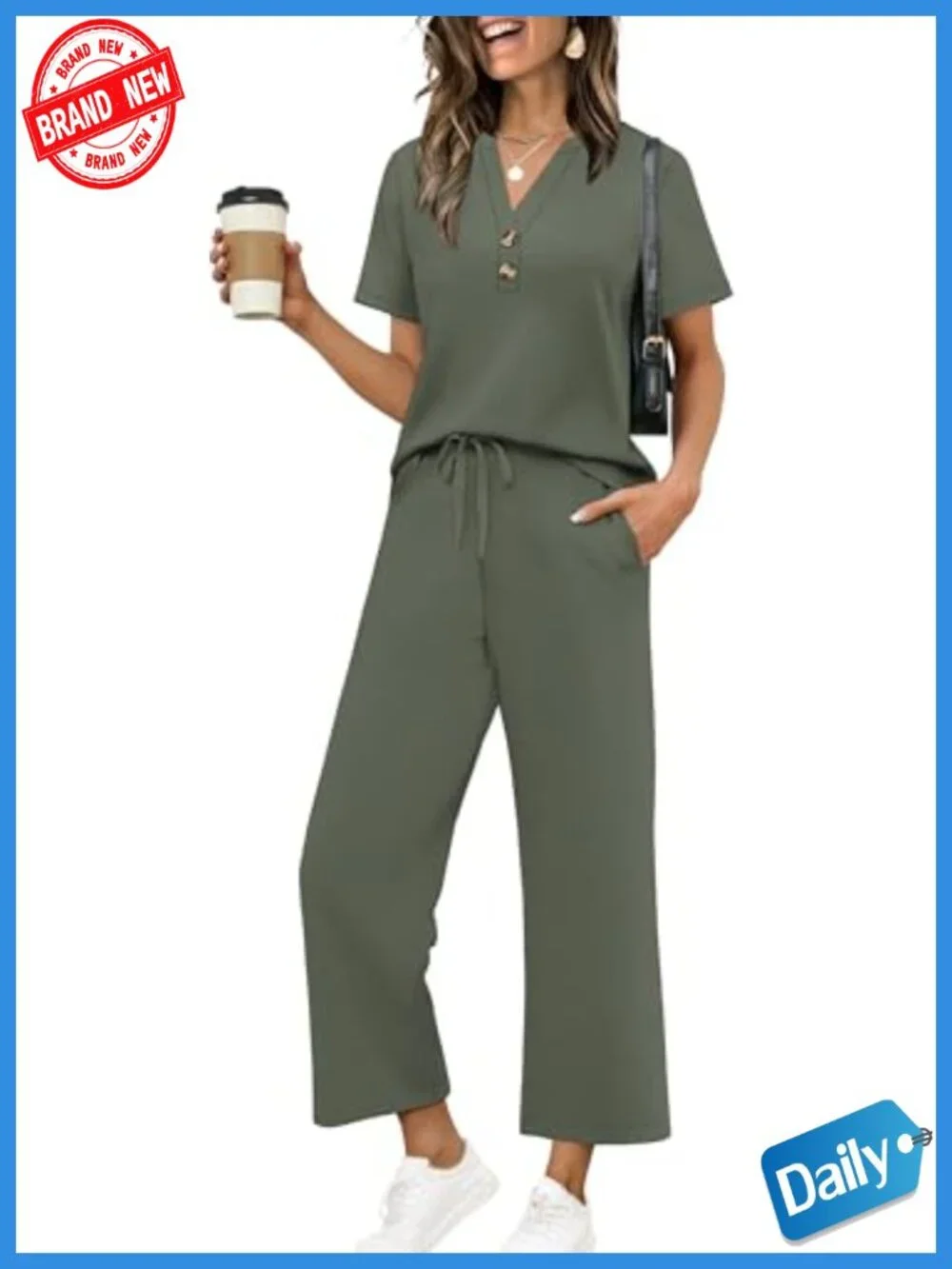 Women's 2-Piece Pant Set Wide Leg Crop Pants V-Neck Short Sleeve Vacation Outfit